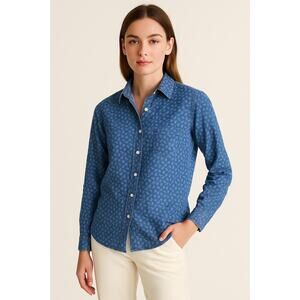 Frank & Eileen Barry Button-Up Shirt Cotton Blue Pineapple Print Medium